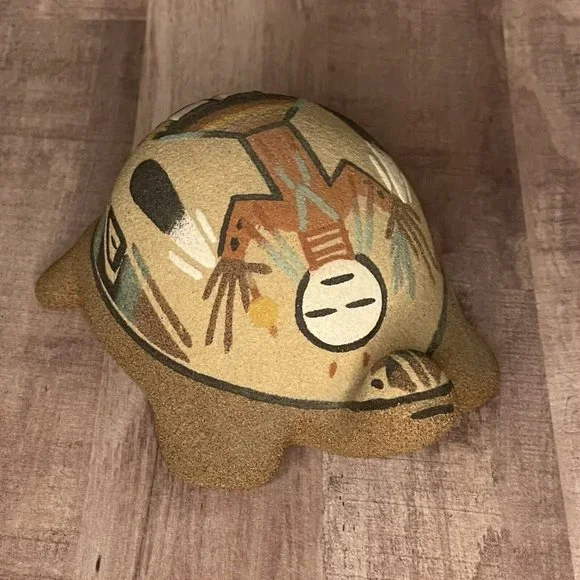 Vtg 80s Native Sand Art Painting Turtle Tortoise w Yei Figure Southwest 6” L - Picture 7 of 16
